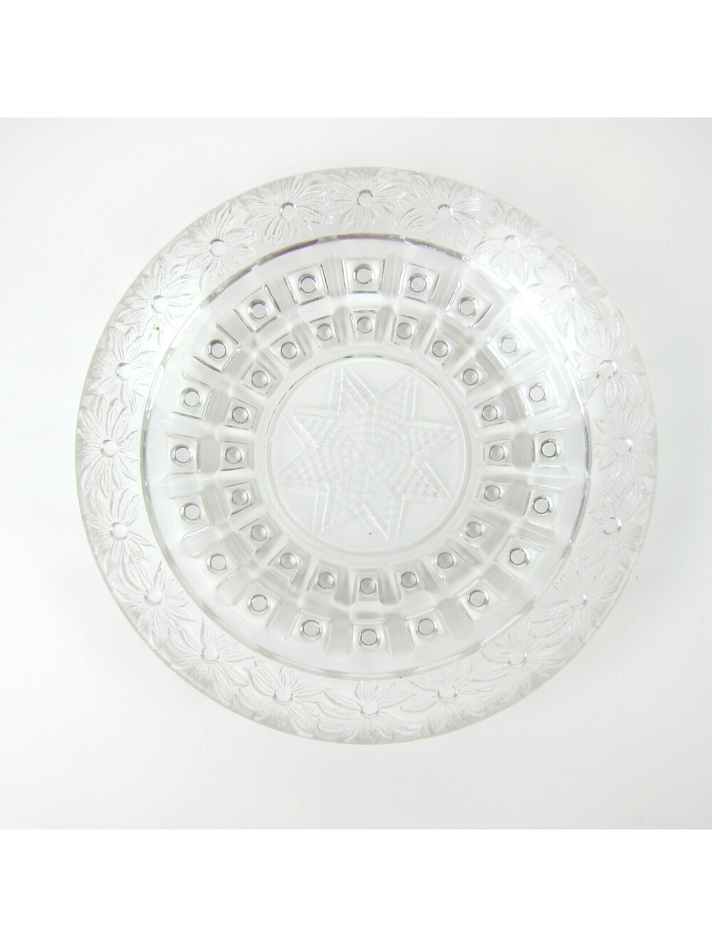 Vintage Pressed Glass Small Plate 4.6" Round Clear Glass Flower Pattern Rim Star